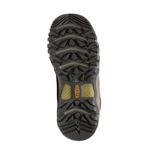 Black rubber outsole with deep tread. Yellow KEEN logo is in the center. 