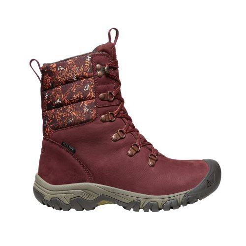 Side view of the Greta WP Mid Boot. There is a red floral pattern around the neck of the boot, as well as two pull tabs. 