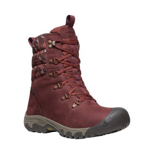 Mid-height lace-up winter boot with a red nubuck and textile upper, grey midsole, and black outsole. 