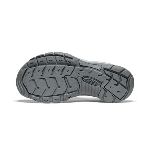 Grey treaded outsole with Keen logo in middle.