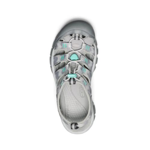 Top of grey fisherman sandals with aqua accents, bungee lace and treaded grey outsole with toe bumper.