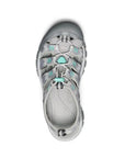 Top of grey fisherman sandals with aqua accents, bungee lace and treaded grey outsole with toe bumper.