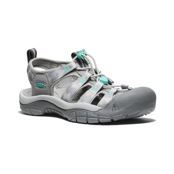 Grey fisherman sandals with aqua accents, bungee lace and treaded grey outsole with toe bumper.