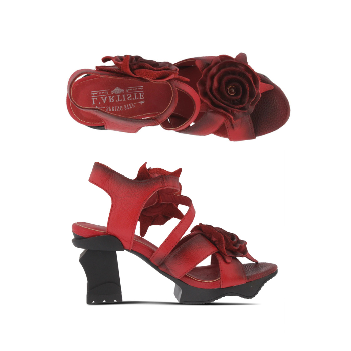 Pair of Heeled sandals in hand-painted red leather with 3D flower accents, red L'Artiste logo'd footbed and a sculpted black wedge heel.