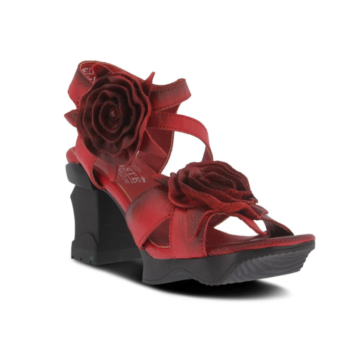 Heeled sandals in hand-painted red leather with 3D flower accents and a sculpted black wedge heel.