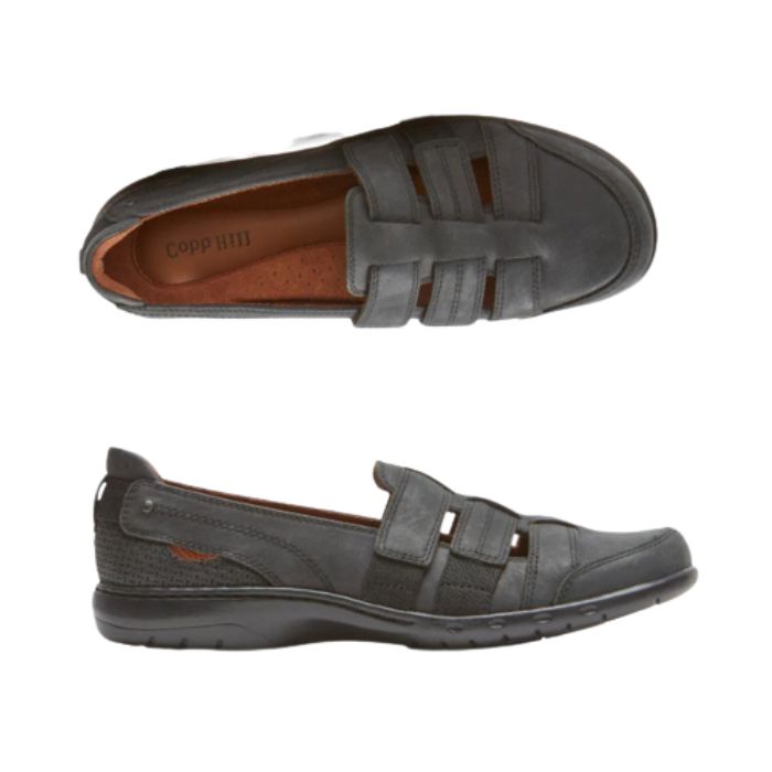 Top and side view of black fisherman sandal with brown lining and insole.