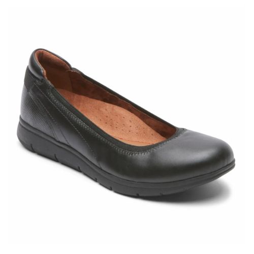 Black leather flat with small wedge outsole.