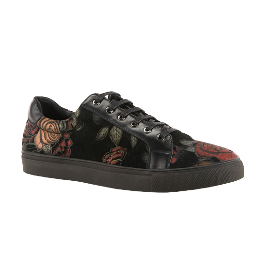 Black lace up sneaker with rose pattern.