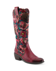 Women's L'Artiste Rodeoqueen Tal Boot in red leather with floral print shaft and 2-inch heel, ideal for stylish western wear.