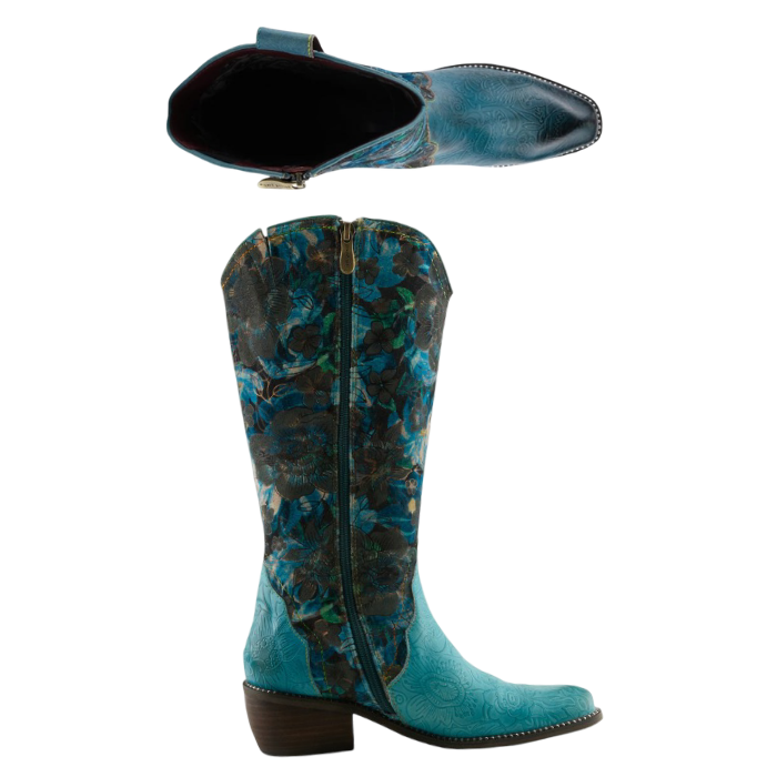 Pair of tall western cowboy boots with a teal blue floral patterned shaft, a solid teal blue embossed leather vamp, inside full length zipper, silver studded wrap detail and low block heel.