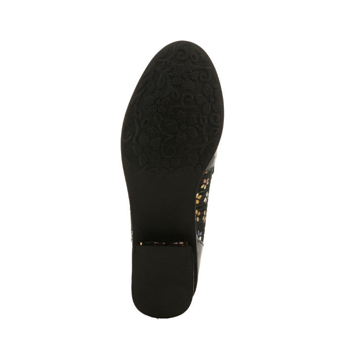 Black rubber outsole with a flower and vine tread pattern at the ball of the foot and a light treaded low block heel.