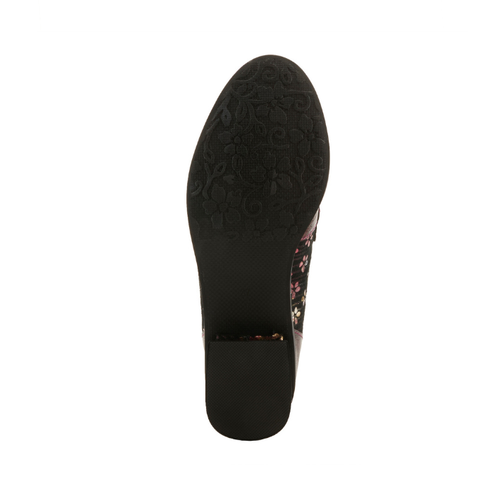 Black rubber outsole with a flower and vine tread pattern at the ball of the foot and a light treaded low block heel.