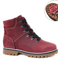 Maika Ankle Boot in Bordo. Burgundy nubuck ankle boot with black laces, white stitching, and a brown rubber outsole. 