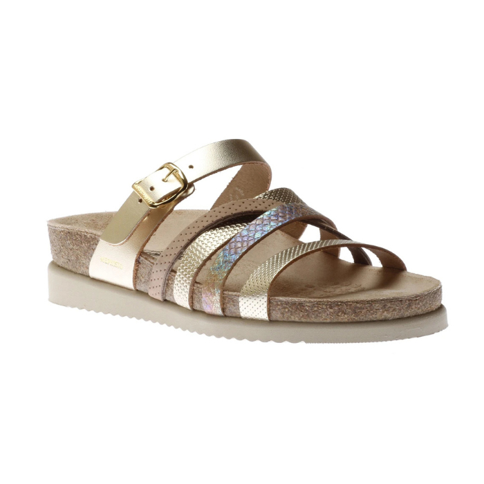 Women's Mephisto Huleda Leather Sandals in metallic beige with multi-textured straps and cork footbed, ideal for stylish all-day comfort.