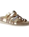 Women's Mephisto Huleda Leather Sandals in metallic beige with multi-textured straps and cork footbed, ideal for stylish all-day comfort.