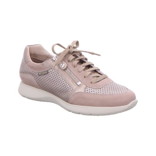 Taupe and light bronze lace up sneaker with side zipper and beige outsole.