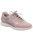 Taupe and light bronze lace up sneaker with side zipper and beige outsole.