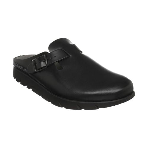 Black leather clog with adjustbale strap and black rocker EVA outsole.