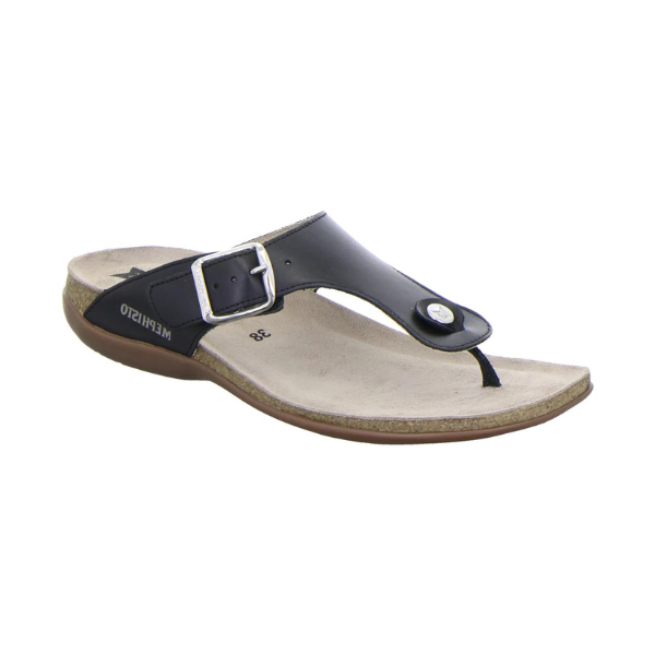 Women&#39;s Mephisto Alinda Thong Footbed Sandals in black leather with SOFT-AIR Technology and adjustable strap for stylish cushioned support.
