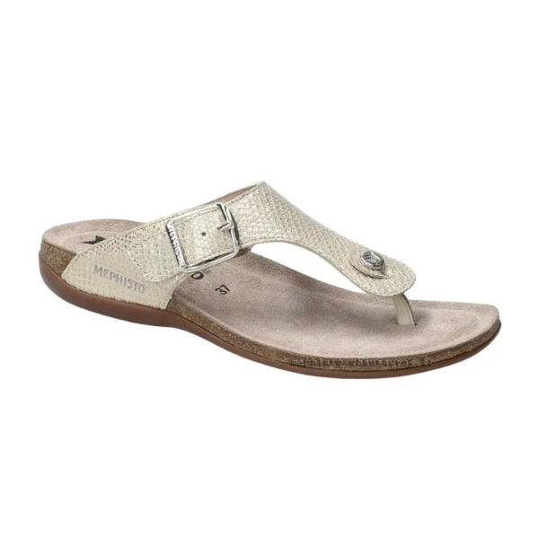Women&#39;s Mephisto Alinda Thong Footbed Sandals in beige with SOFT-AIR Technology, featuring adjustable buckle strap and cushioned cork footbed.