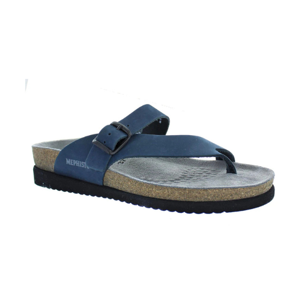 Women&#39;s Mephisto Helen Thong Footbed Sandal in navy blue leather with ergonomic footbed and Soft-Air midsole for long-lasting support.