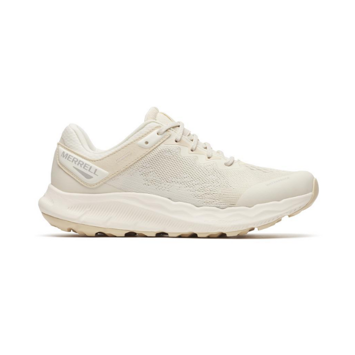 Women's Merrell Antora 4 waterproof sneaker in all-white design, vegan-friendly with rugged grip for trail running and outdoor activities.