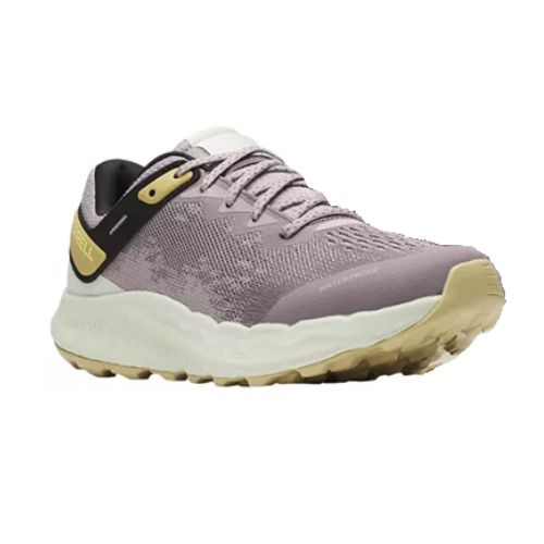 Women&#39;s Merrell Antora 4 waterproof sneaker in lavender with breathable mesh and durable sole for vegan trail running performance.