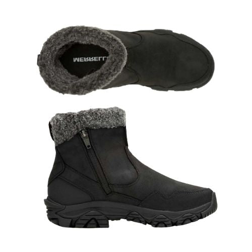 Side and top view of Women's Merrell Coldpack 3 Waterproof Hiking Boots showing inner fleece lining and side zipper for easy slip-on use.