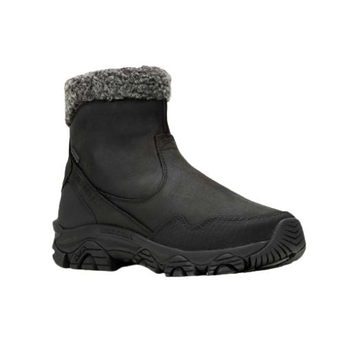 Women's Merrell Coldpack 3 Boots in black with waterproof leather and insulated lining, ideal for winter hiking and outdoor wear.