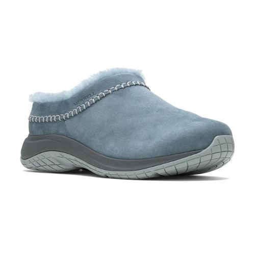 Women's Merrell Encore Ice 5 Clog in blue suede with waterproof sheepskin lining and slip-resistant sole, ideal for winter comfort and warmth.