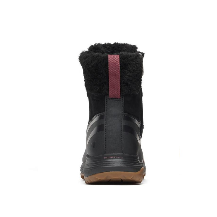 A black winter boot shown from the back, with a fluffy black faux-fur collar, a vertical burgundy pull tab, and a dark brown outsole.