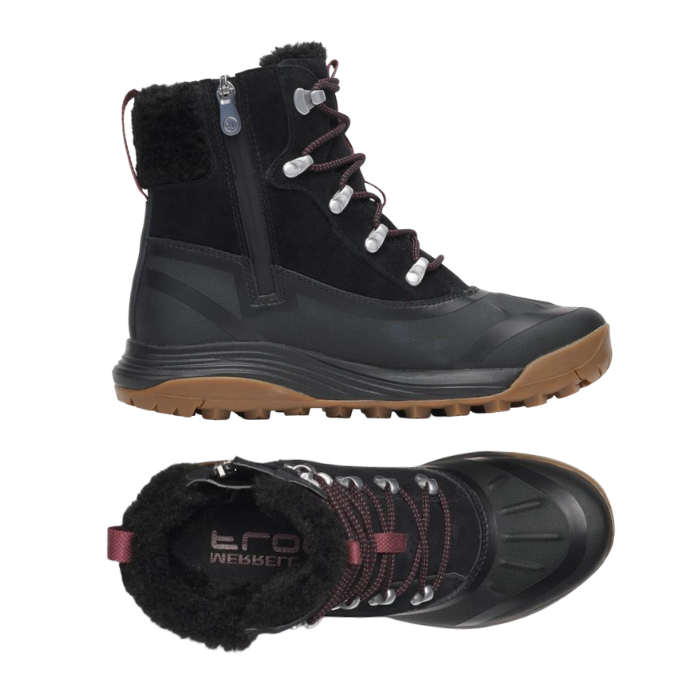 Pair of black winter hiking boots with a fuzzy black collar, burgundy laces, silver metal eyelets, and a brown Vibram outsole.