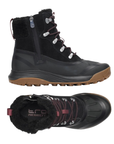Pair of black winter hiking boots with a fuzzy black collar, burgundy laces, silver metal eyelets, and a brown Vibram outsole.