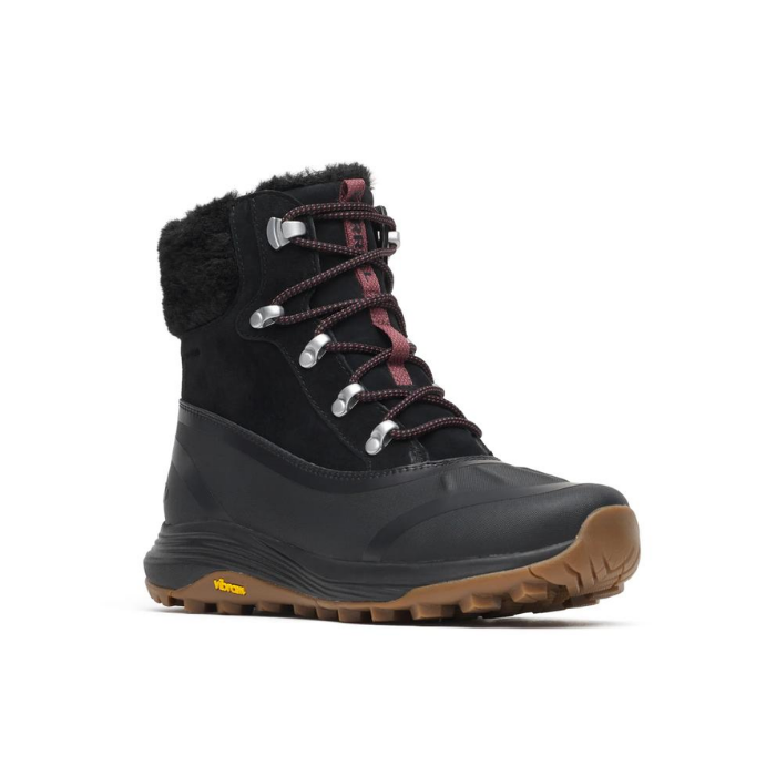 A single black winter hiking boot with a fuzzy black collar, burgundy laces, silver metal eyelets, and a brown Vibram outsole.