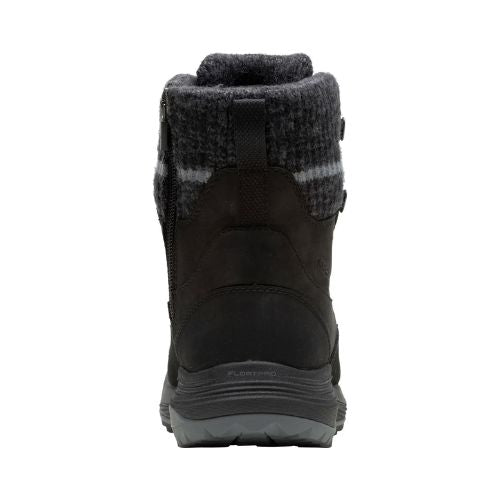 Heel of black leather Mid Zip Boot with grey accents, dark grey knit cuff and thick outsole.