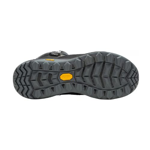 Rugged grey rubber outsole with yellow Vibram logo in middle.
