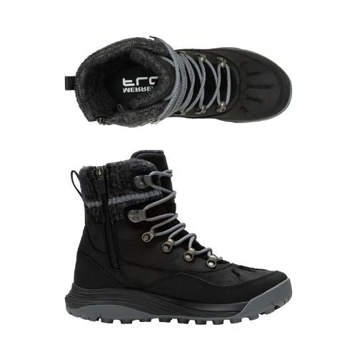 Black leather Mid Zip Boot with black accents, dark grey knit cuff, hiker laces and a rugged Vibram outsole.