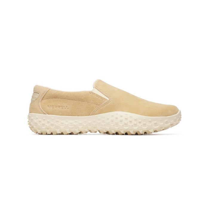 Beige slip-on shoe with a textured outsole.