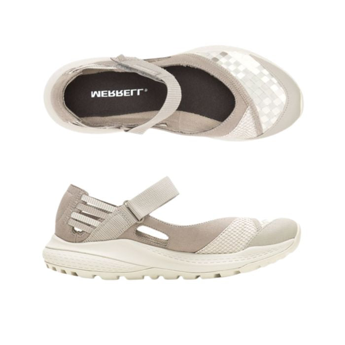 Sporty beige Mary-Jane shoe with great traction. Merrell logo on center of black insole.