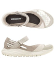 Sporty beige Mary-Jane shoe with great traction. Merrell logo on center of black insole.