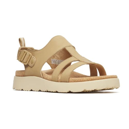 Women's Merrell Fleur Backstrap Sandal in beige with adjustable straps and cushioned sole, ideal for casual summer wear and outdoor comfort.