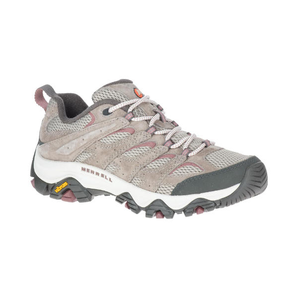 Women's Merrell Moab 3 sneaker in taupe suede with breathable mesh and Vibram outsole, ideal for hiking and outdoor wear.