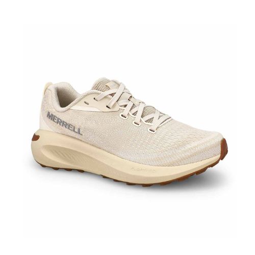 Women's Merrell Morphlite Sneaker in beige with lace-up design, vegan materials, and lightweight comfort for everyday wear.