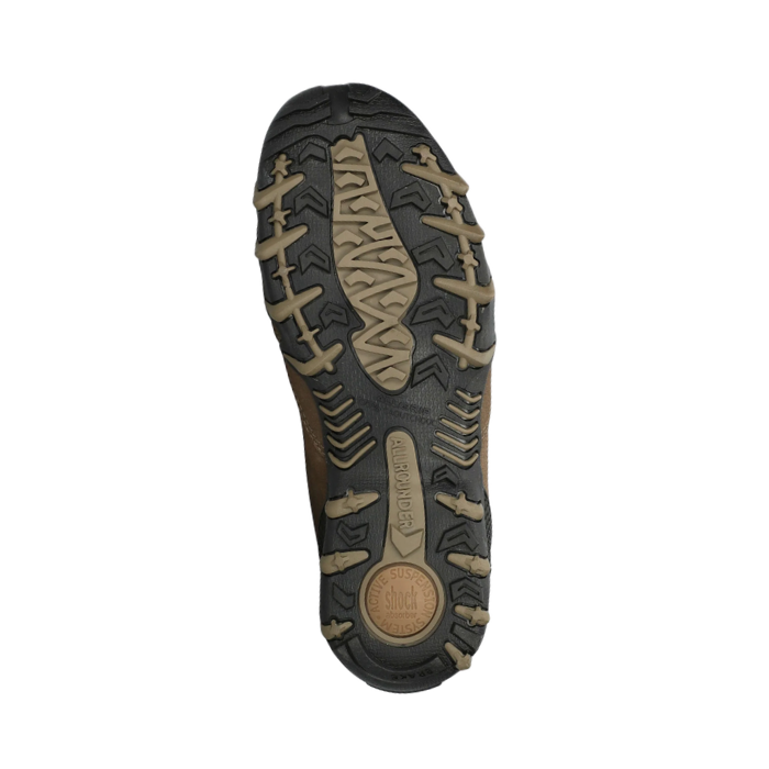 Olive and black rubber outsole with shock absorbing heel plug of women's All-Rounder shoe.
