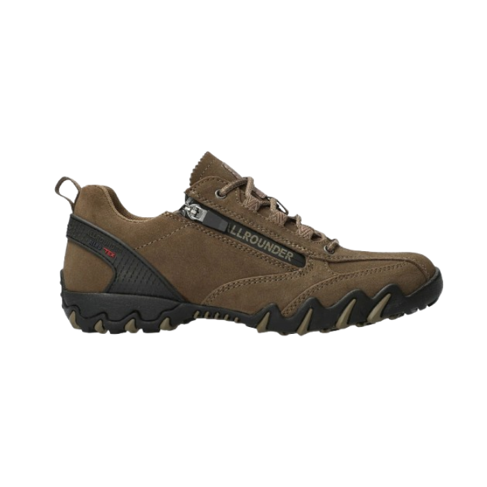 Side view of olive suede lace up shoe with black side zipper. 