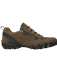 Side view of olive suede lace up shoe with black side zipper. 