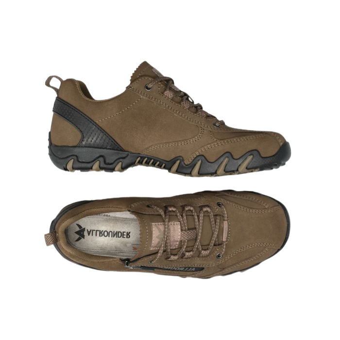 Top and side view of olive suede sneaker with laces and an outside zipper. Allrounder logo on insole.