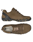 Top and side view of olive suede sneaker with laces and an outside zipper. Allrounder logo on insole.