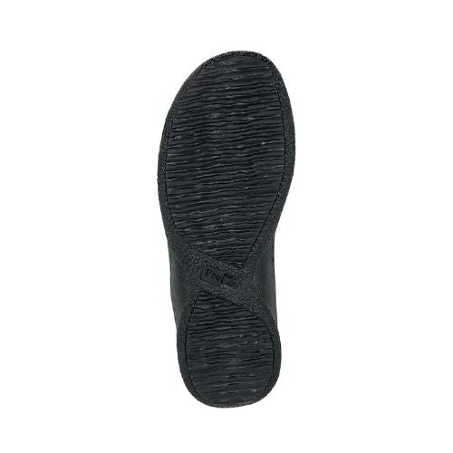 Black treaded rubber outsole with Propet logo stamped in middle.