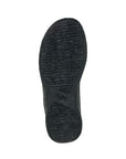Black treaded rubber outsole with Propet logo stamped in middle.